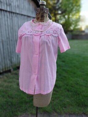 Vintage 60s Stones Wear pink cotton button shirt embroidered lace trim Womens S